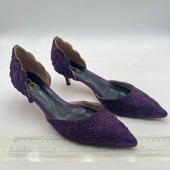 XYD Purple Pointed Toe D'Orsay Kitten Heel Rhinestone Studs Slip-On Satin Shoes - Picture 4 of 8
